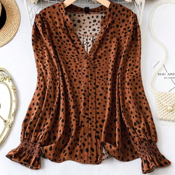 Shein Curve Long Sleeve Elastic Lantern Sleeve Leopard Print Brown Blouse 0XL - Picture 1 of 7